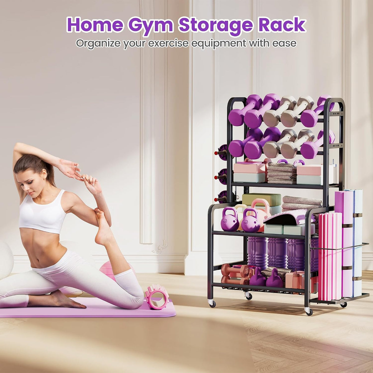 Homeiju Dumbbell Rack, Weight Rack for Home Gym, Yoga Mat Storage Holder with Lockable Wheels, Dumbbell Stand with Hooks, All in One Work out Equipment Storage for Yoga Mat Dumbbell and Balls
