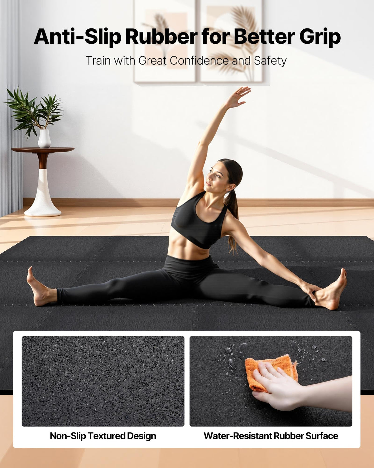VEVOR 0.56Inch 96sq.ft 24 Tiles Gym Flooring for Home Gym, Rubber Top with High Density EVA Foam, 24 x 24In Gym Floor Exercise Equipment Mats, Interlocking Gym Mats, Puzzle Workout Mats, Black & Gray