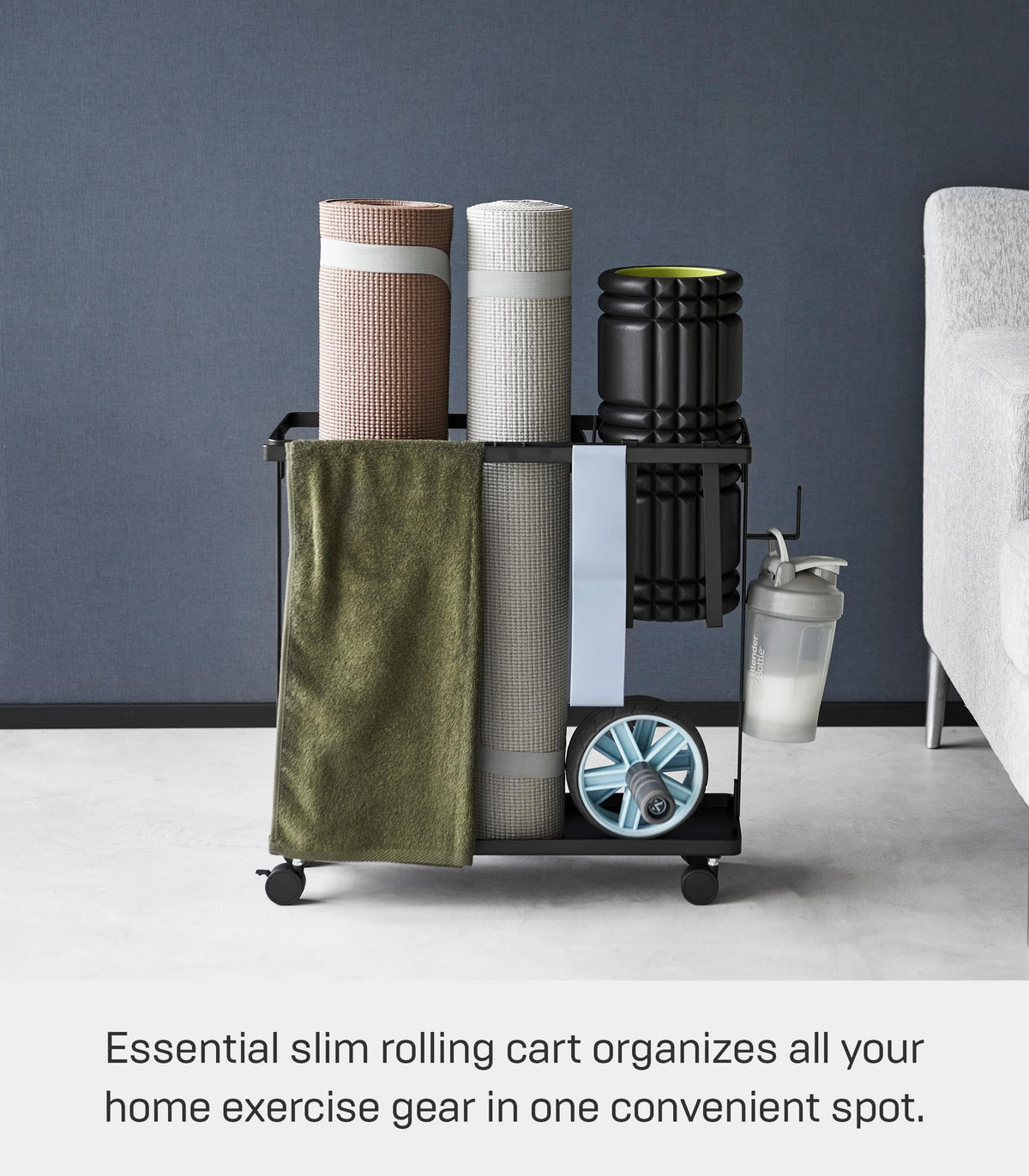 YAMAZAKI Home Rolling Fitness Rack with Adjustable Holder and Hooks, White