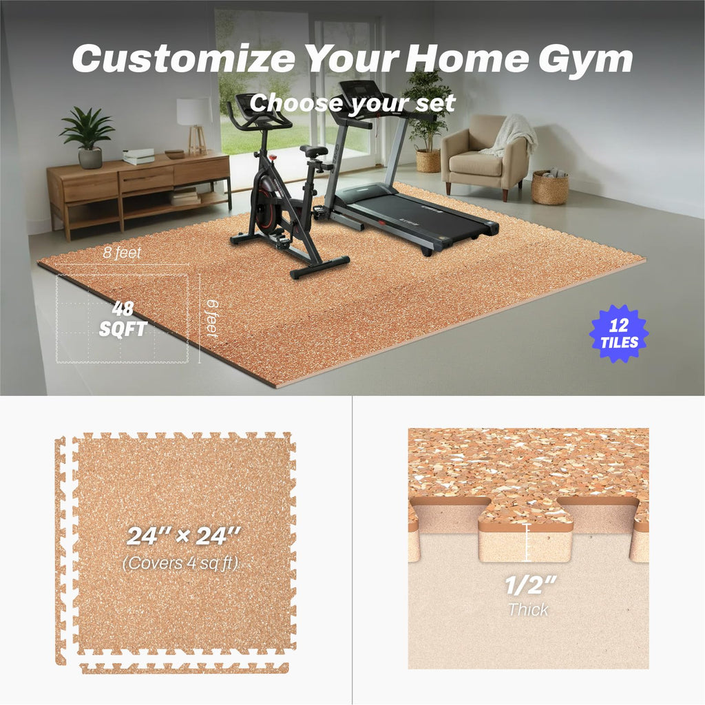 AIRHOP 1/2" Thick 48 Sq Ft Gym Flooring for Home Gym, Rubber Top Gym Mats