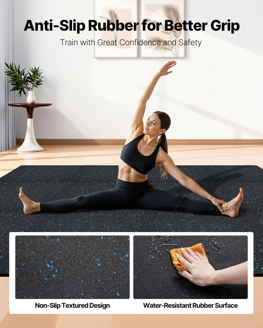 VEVOR 0.56Inch 96sq.ft 24 Tiles Gym Flooring for Home Gym, Rubber Top with High Density EVA Foam, 24 x 24In Gym Floor Exercise Equipment Mats, Interlocking Gym Mats, Puzzle Workout Mats, Black & Gray