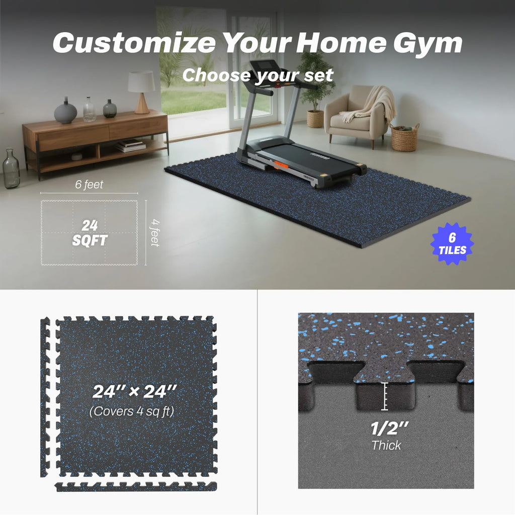 AIRHOP 1/2" Thick 48 Sq Ft Gym Flooring for Home Gym, Rubber Top Gym Mats