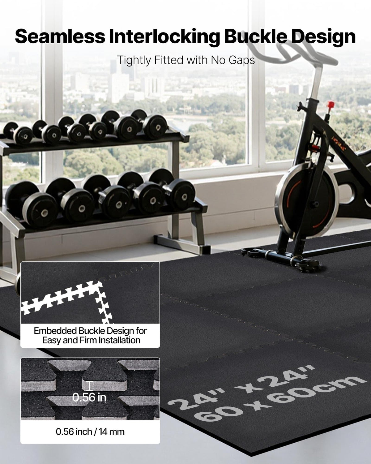 VEVOR 0.56Inch 96sq.ft 24 Tiles Gym Flooring for Home Gym, Rubber Top with High Density EVA Foam, 24 x 24In Gym Floor Exercise Equipment Mats, Interlocking Gym Mats, Puzzle Workout Mats, Black & Gray
