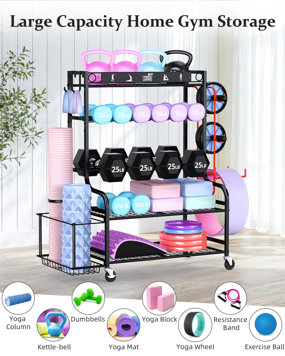 Mythinglogic Home Gym Storage Rack with Wheels for Dumbbells and Yoga Mats