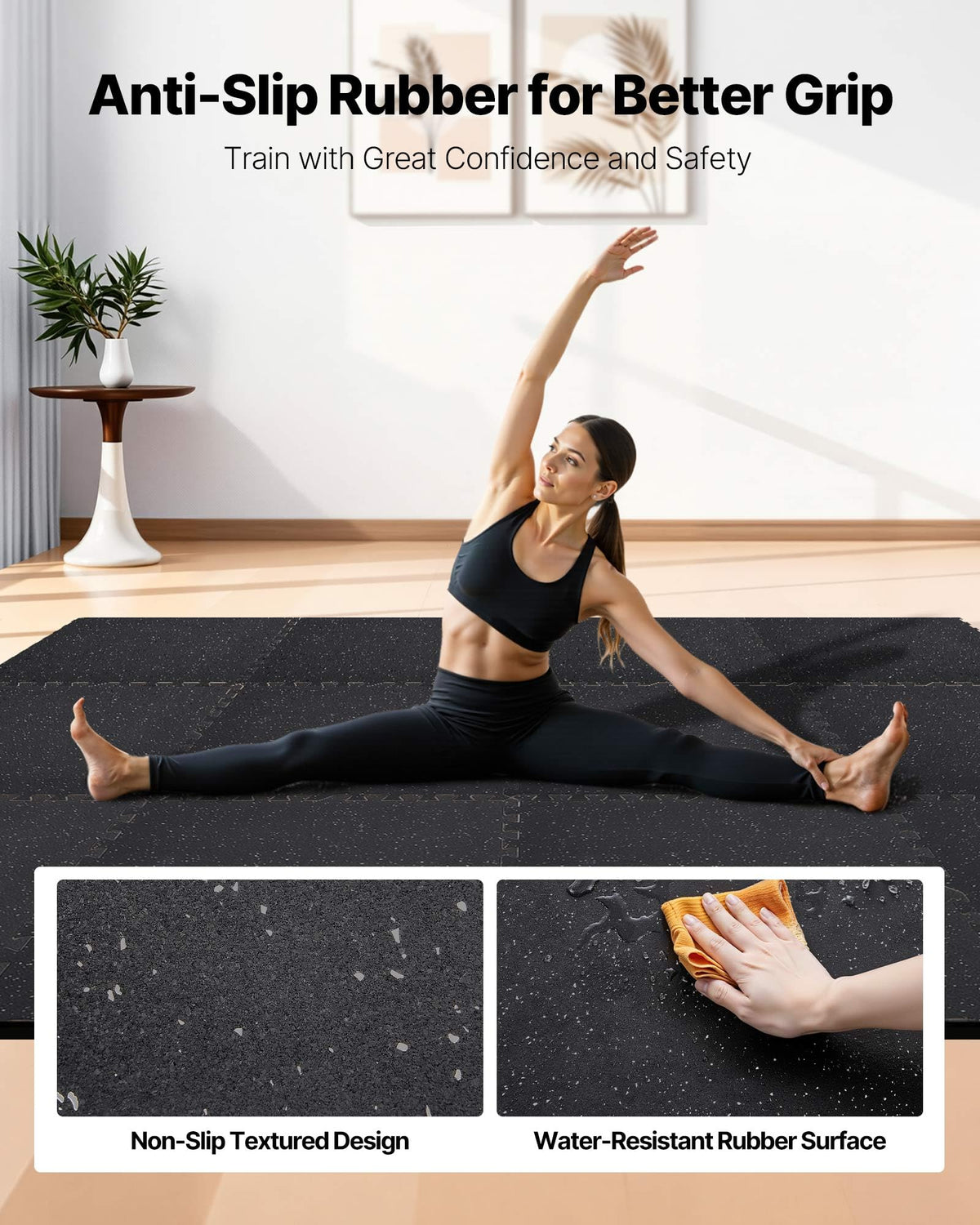 VEVOR 0.56Inch 48sq.ft 12 Tiles Gym Flooring for Home Gym, Rubber Top with High Density EVA Foam, 25 x 25In Gym Floor Exercise Equipment Mats, Interlocking Gym Mats, Puzzle Workout Mats, Black & Gray