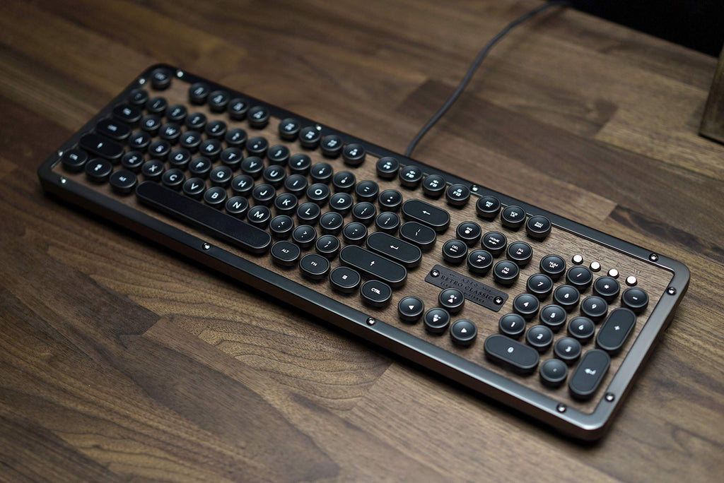 Azio Retro Classic Bluetooth Elwood - Bluetooth Luxury Vintage Backlit Mechanical Keyboard (Blue Switch, Walnut Wood, Gunmetal Matte Frame)(MK-RETRO-W-BT-01-US)