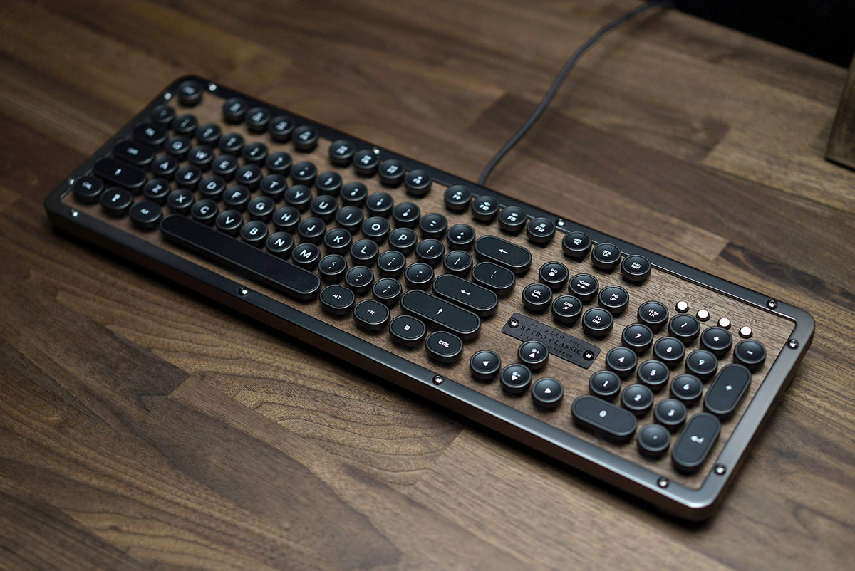 Azio Retro Classic Bluetooth Elwood - Bluetooth Luxury Vintage Backlit Mechanical Keyboard (Blue Switch, Walnut Wood, Gunmetal Matte Frame)(MK-RETRO-W-BT-01-US)