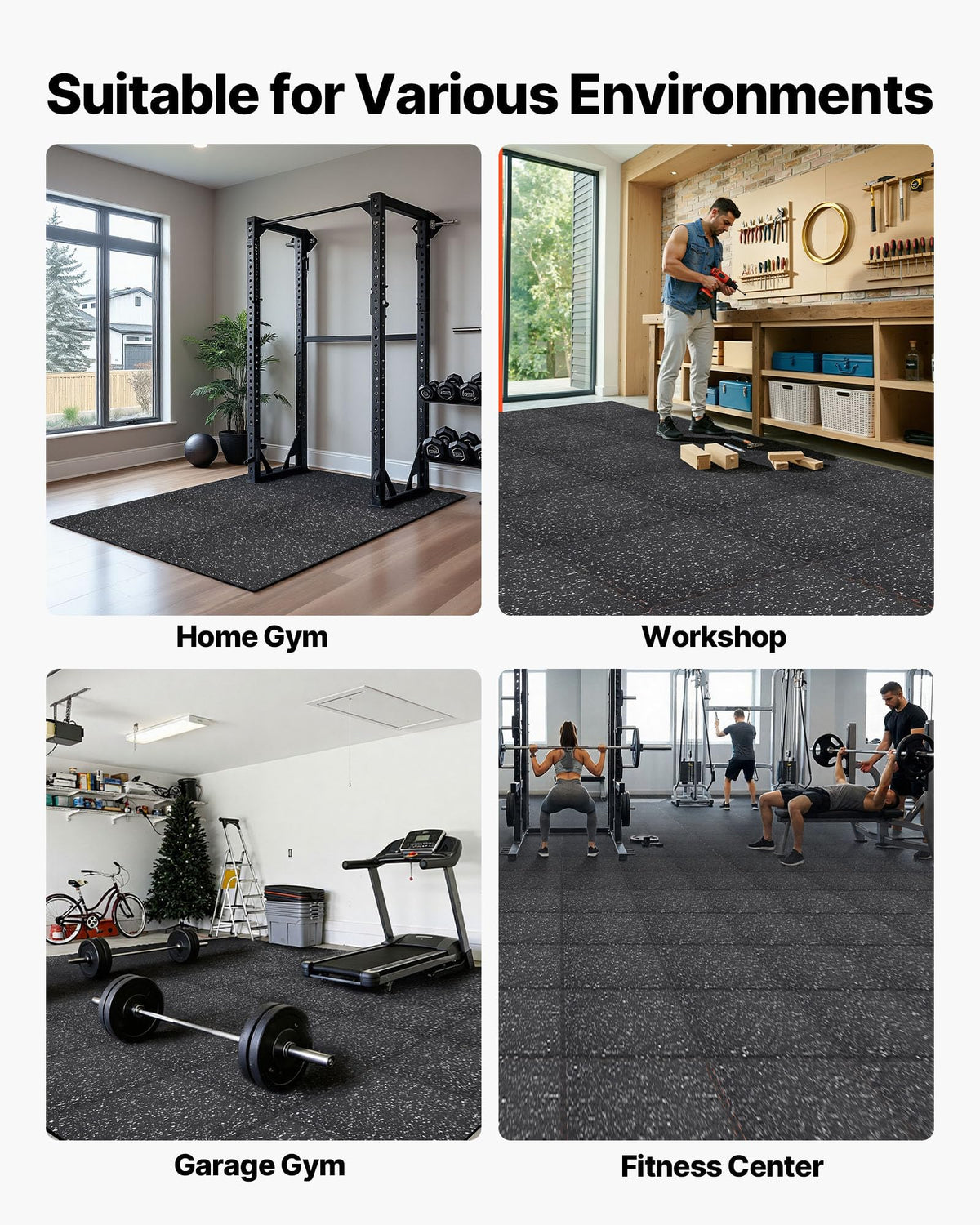 VEVOR 0.56Inch 96sq.ft 24 Tiles Gym Flooring for Home Gym, Rubber Top with High Density EVA Foam, 24 x 24In Gym Floor Exercise Equipment Mats, Interlocking Gym Mats, Puzzle Workout Mats, Black & Gray
