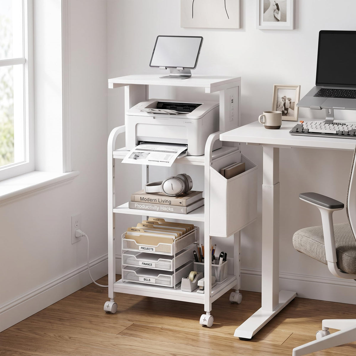 Tall Printer Stand with Charging Station, 4-Tier Mobile Cart, White