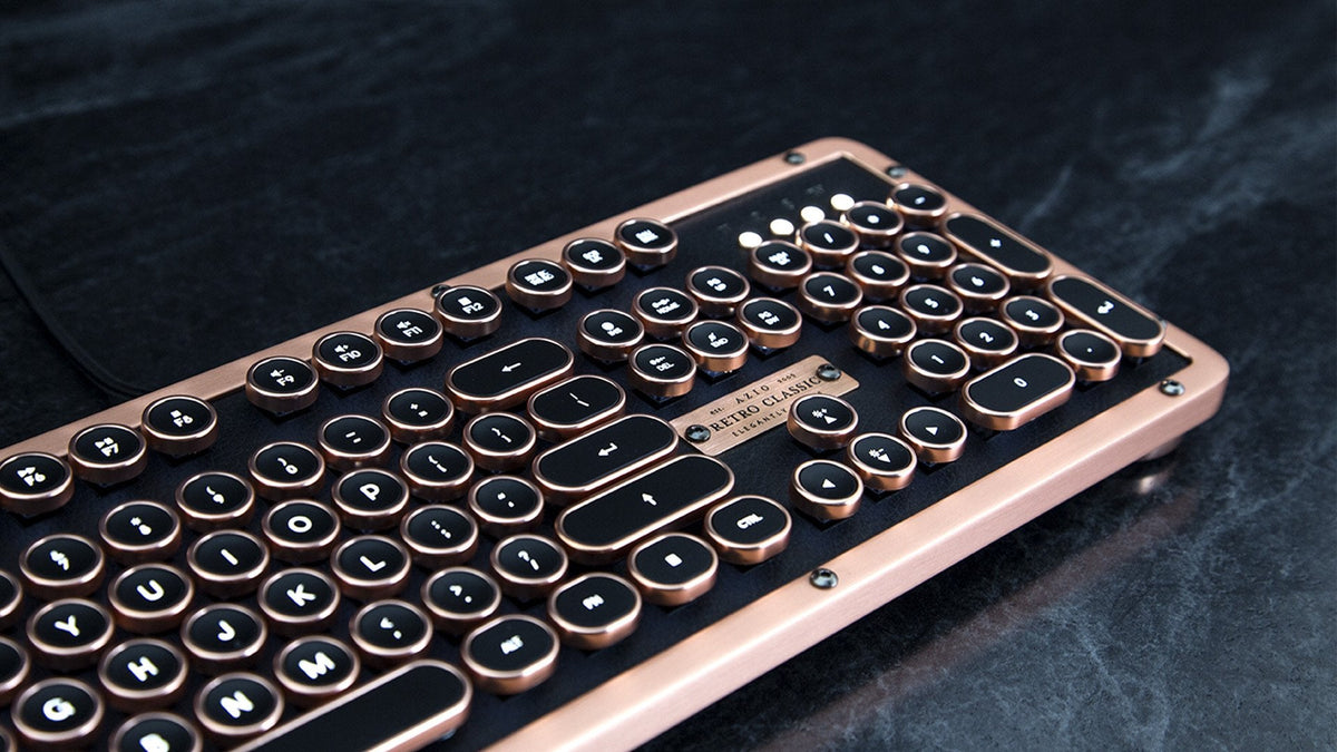 Azio Retro Classic Bluetooth Elwood - Bluetooth Luxury Vintage Backlit Mechanical Keyboard (Blue Switch, Walnut Wood, Gunmetal Matte Frame)(MK-RETRO-W-BT-01-US)