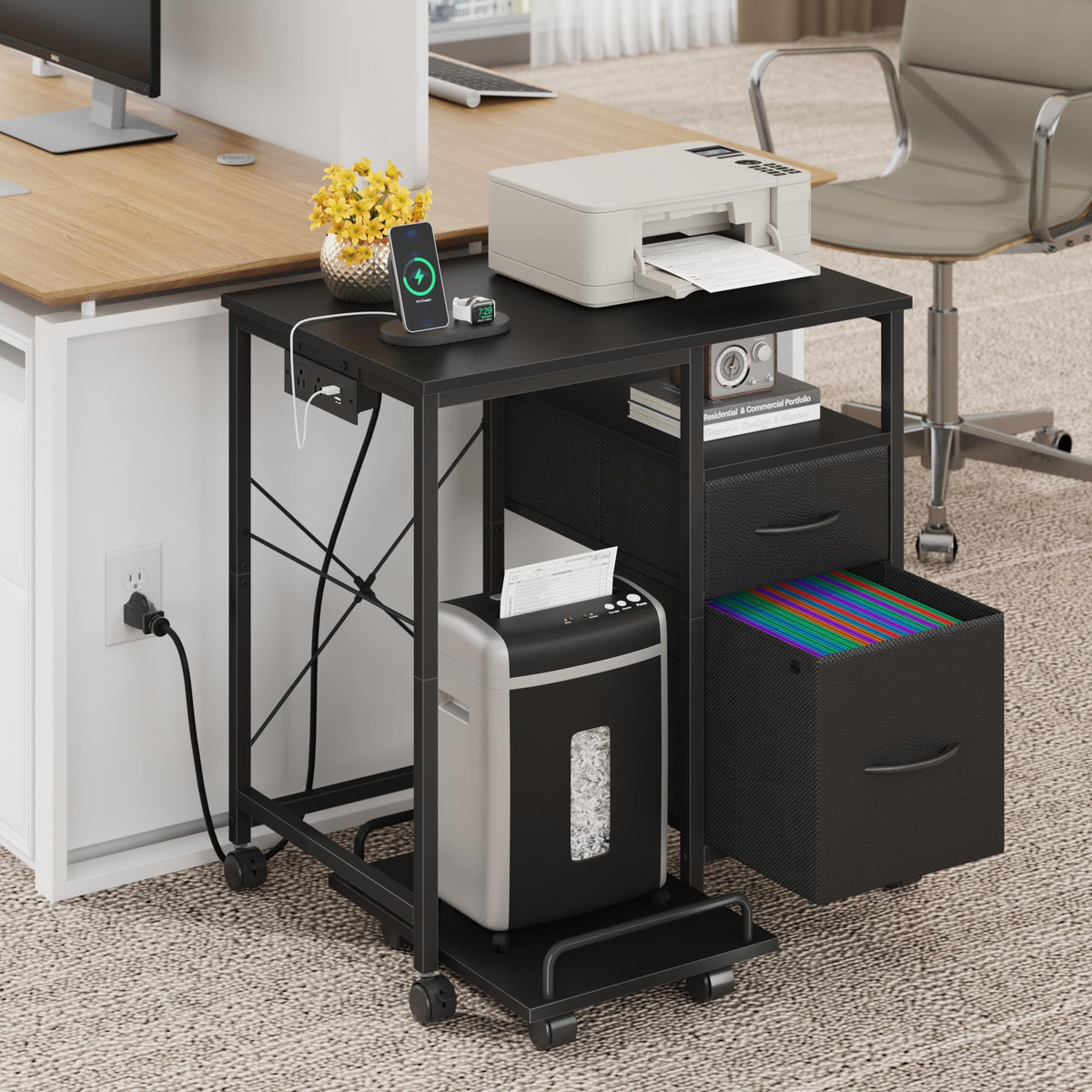 YAOHUOO Printer Stand with Power Outlet/Drawers, Printer and Shredder Stand