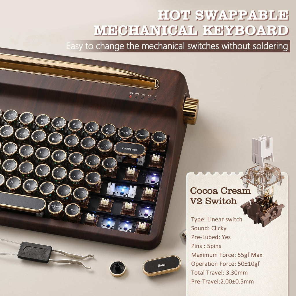 YUNZII QL75 Retro Typewriter Hot Swap RGB Keyboard (Green, Cocoa V2)