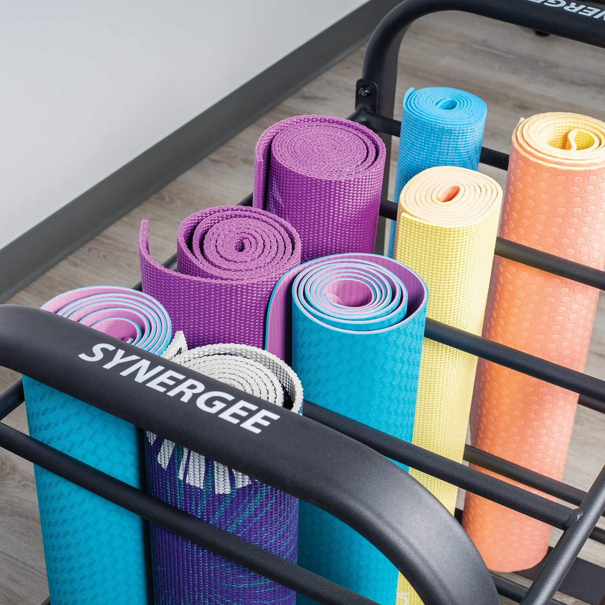 Synergee Yoga Mat Storage Rack â Storage Cart for Yoga Mats, Foam Rollers & Mobility Equipment. Perfect for Yoga Studio or Commercial Gym.