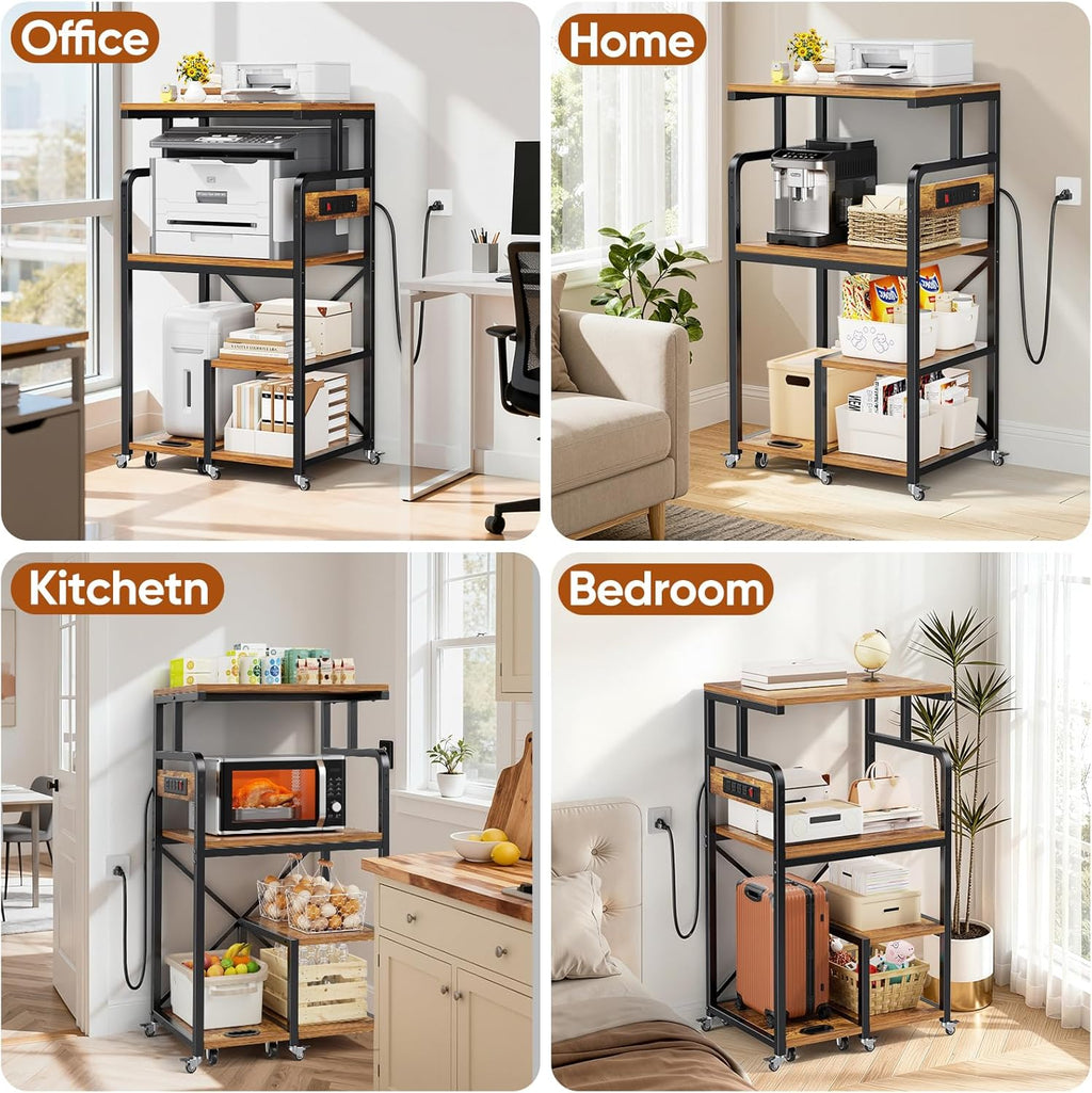 POKIPO 4 Tier Large Printer Stand Table with Power Outlet Adjustable Shelf