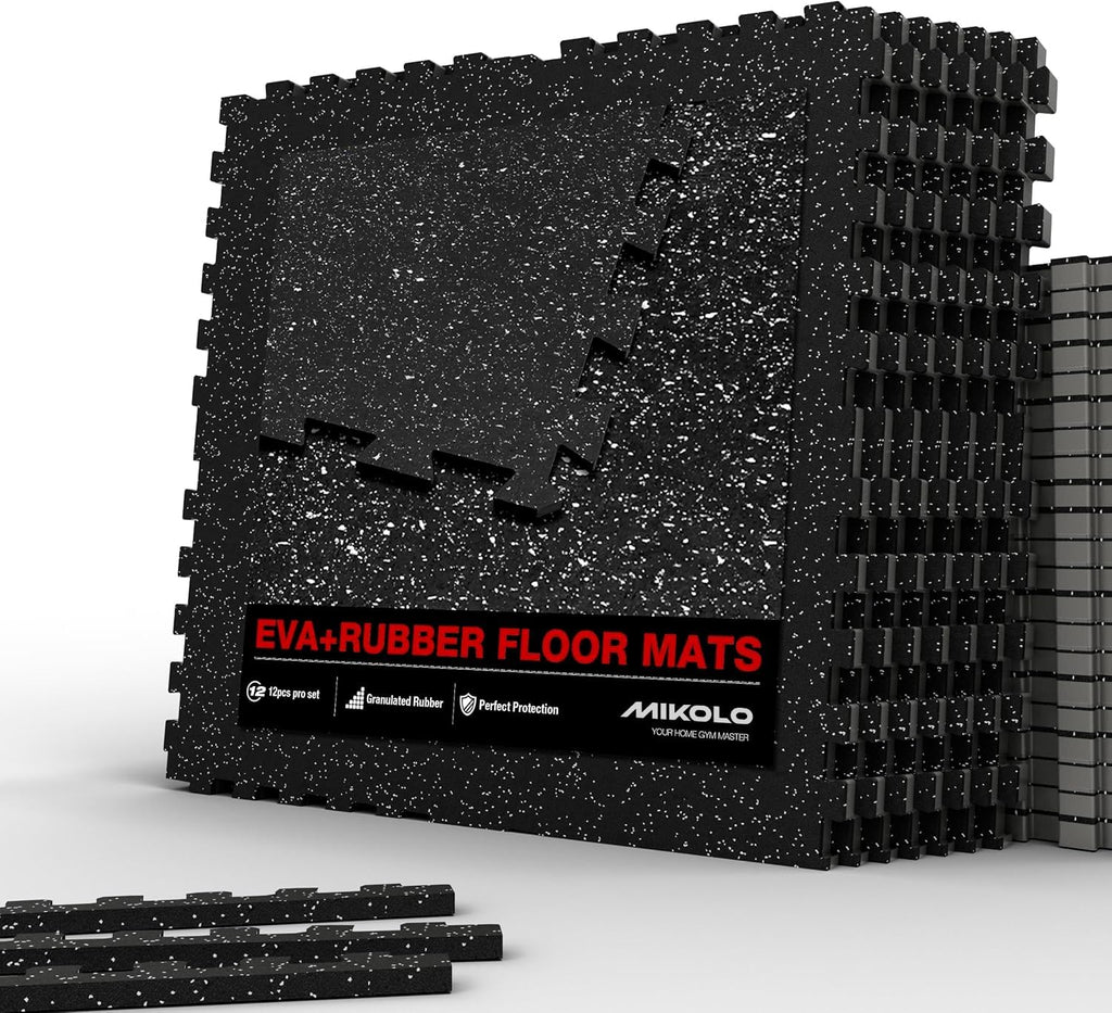 Mikolo 0.56'' Thick 12 Pcs 48 Sq Ft Gym Flooring Mats, High-Density EVA Foam with Rubber Top, Interlocking Exercise Equipment Mats for Home Gym, Protective Workout Mat