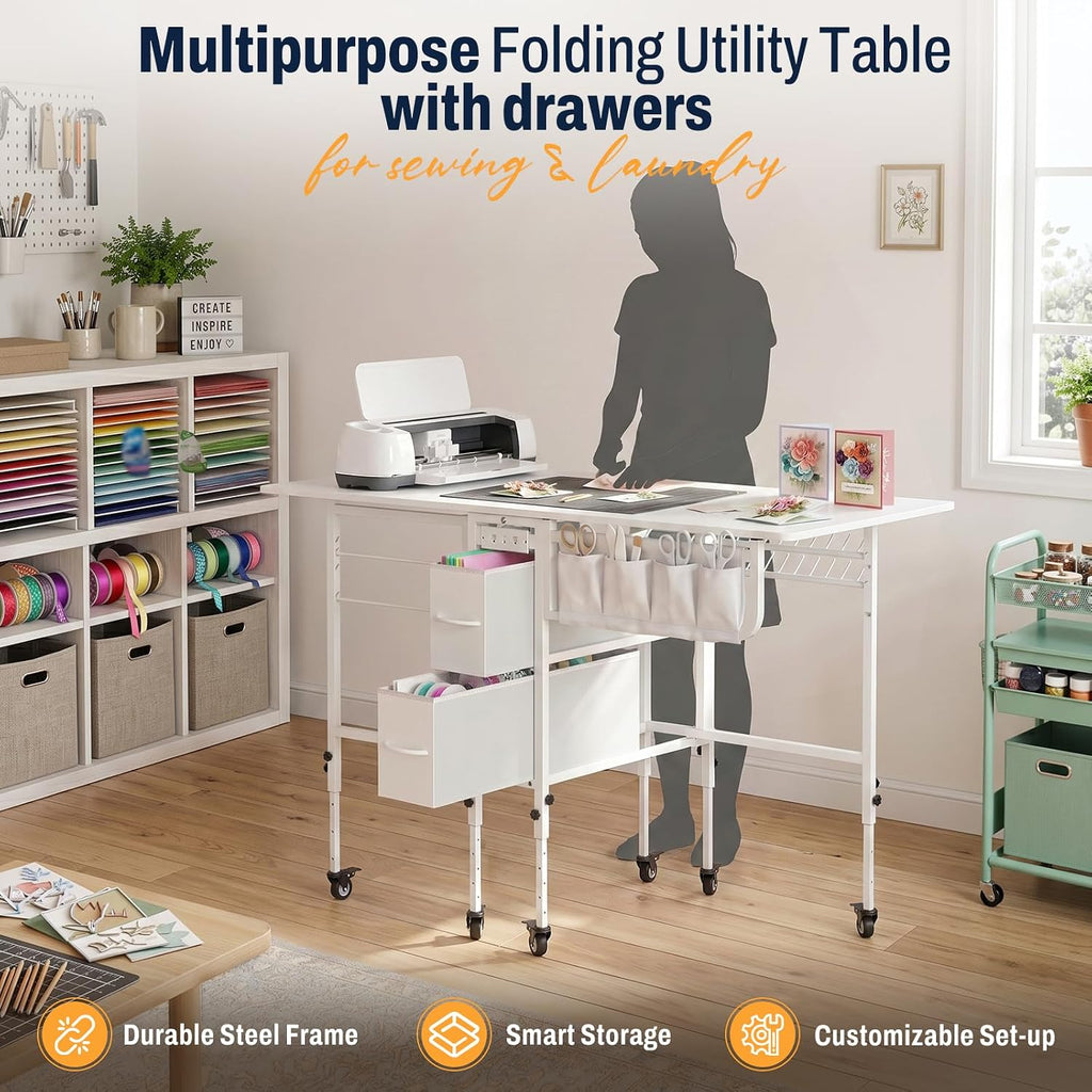 Furnaza 56.7" Foldable Wheeled Sewing Craft Table with Charging Station