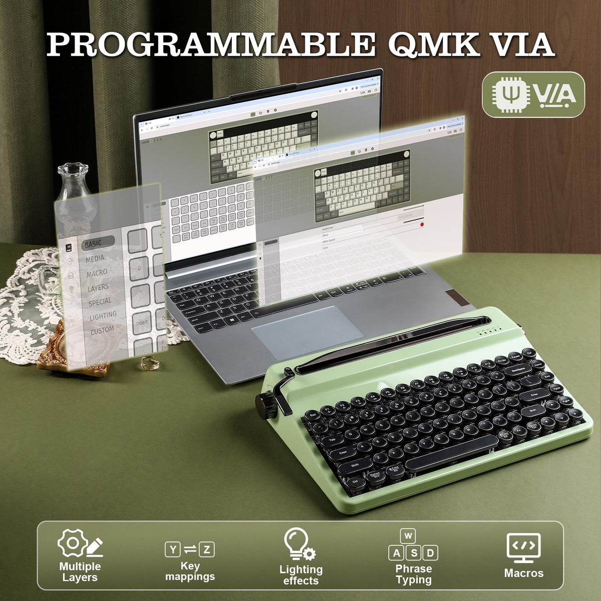 YUNZII QL75 Retro Typewriter Hot Swap RGB Keyboard (Green, Cocoa V2)