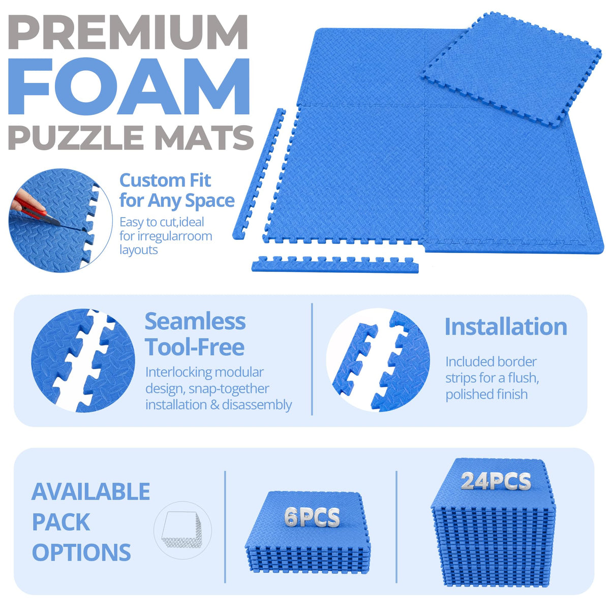 HulkFit Puzzle Exercise Mat, 3/4 Inch EVA Interlocking Foam Gym Flooring for Home Gym, Garage, Apartments, High-Density Shock-Absorbing Floor Tiles for Workout Equipment, MMA, Gymnastics, 24 Tiles