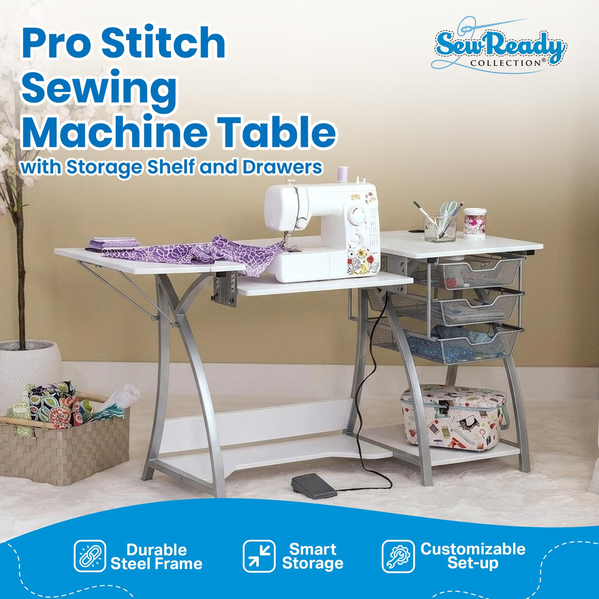 Sew Ready Folding Multipurpose Sewing Table - 47.5" W x 28" D Foldable White Hobby and Sewing Machine Table with Adjustable Shelf - Can Also Be Used as Computer Desk