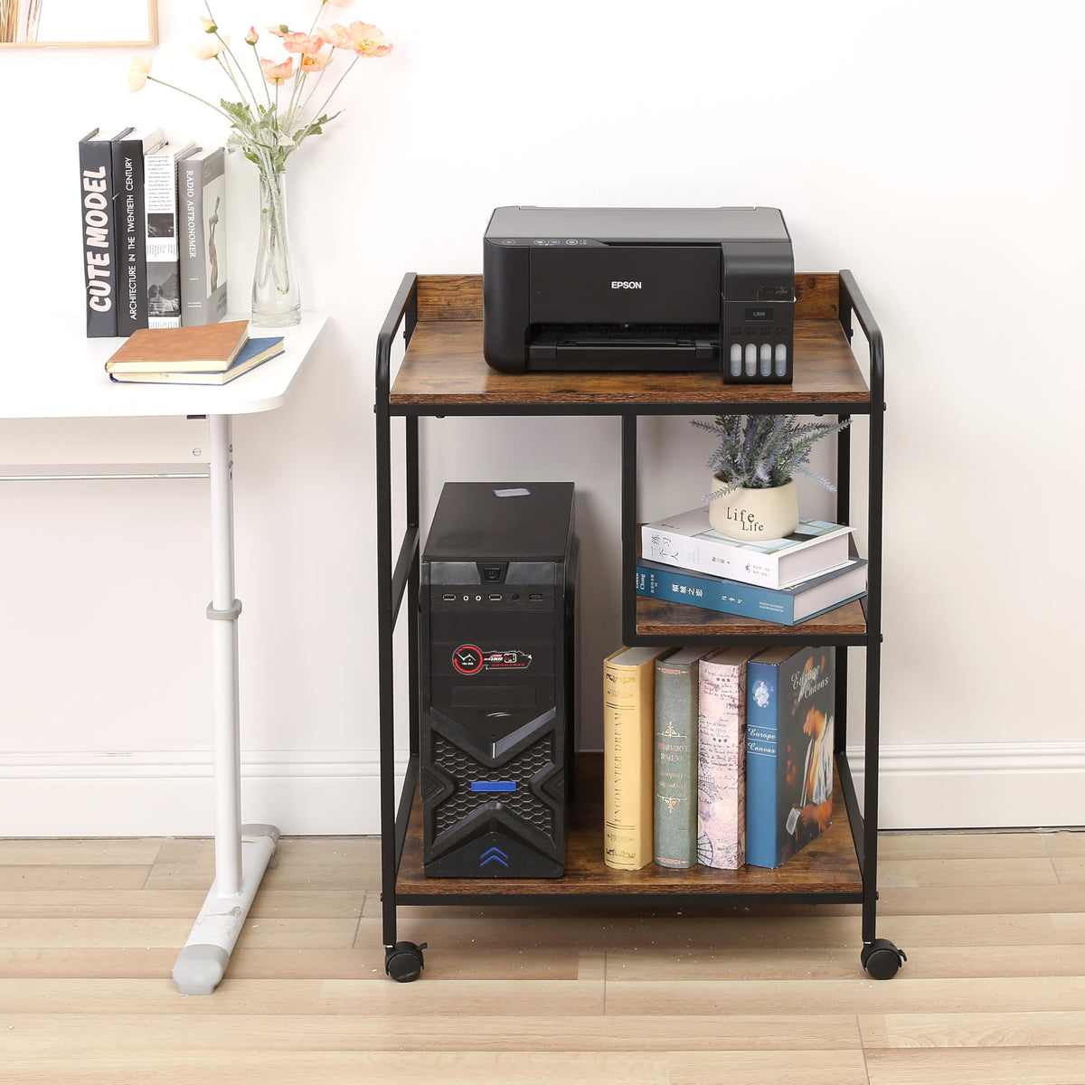3-Tier Rolling Printer Cart Table Stand Shelves, PC Tower Stand Shelf With Wheels - Under Desk Shelf Unit Storage And Organization, End Sofa Table For Home, Office (White Gold)