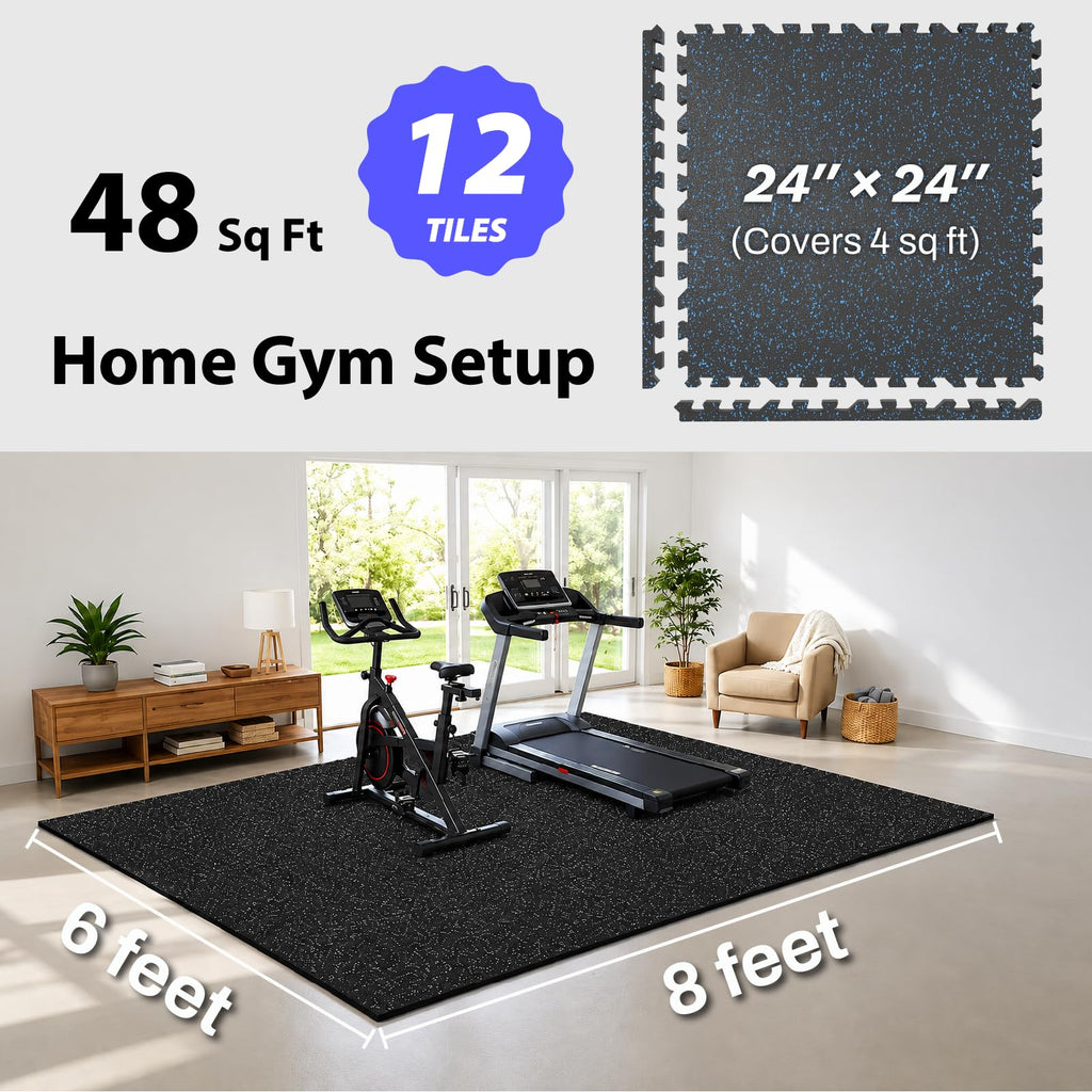 AIRHOP 1'' Ultra-Thick 48 Sq Ft Rubber Top Gym Flooring for Home Gym, 12 Tiles High Density EVA Foam Exercise Mats, Interlocking Puzzle Mats for Home Workout, Floor & Equipment Protection, Black/White