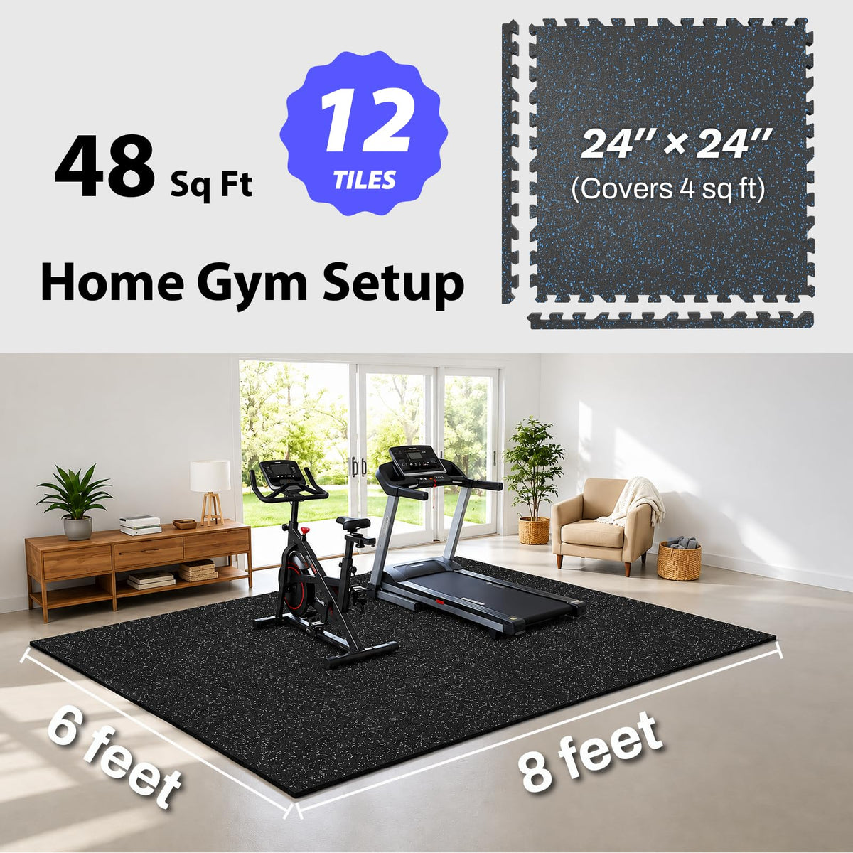 AIRHOP 1'' Ultra-Thick 48 Sq Ft Rubber Top Gym Flooring for Home Gym, 12 Tiles High Density EVA Foam Exercise Mats, Interlocking Puzzle Mats for Home Workout, Floor & Equipment Protection, Black/White