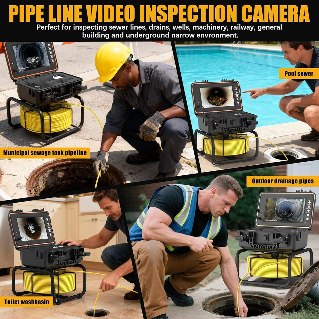 Powerwill Drain Camera with Self-Leveling, 165 ft / 50 m Sewer Pipe Inspection System, 9-Inch 1080P IPS Monitor, IP68-Rated Camera Head, 5 mm Push Cable with Meter Marking, DVR, 5X Zoom, 32GB Card
