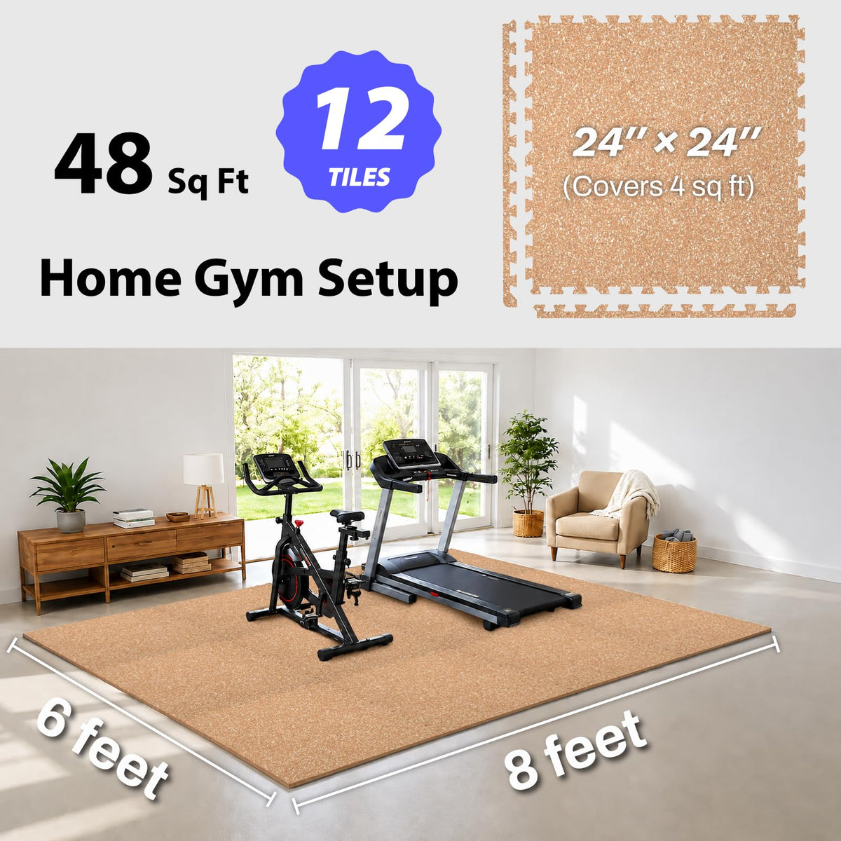 AIRHOP 1'' Ultra-Thick 48 Sq Ft Rubber Top Gym Flooring for Home Gym, 12 Tiles High Density EVA Foam Exercise Mats, Interlocking Puzzle Mats for Home Workout, Floor & Equipment Protection, Black/White