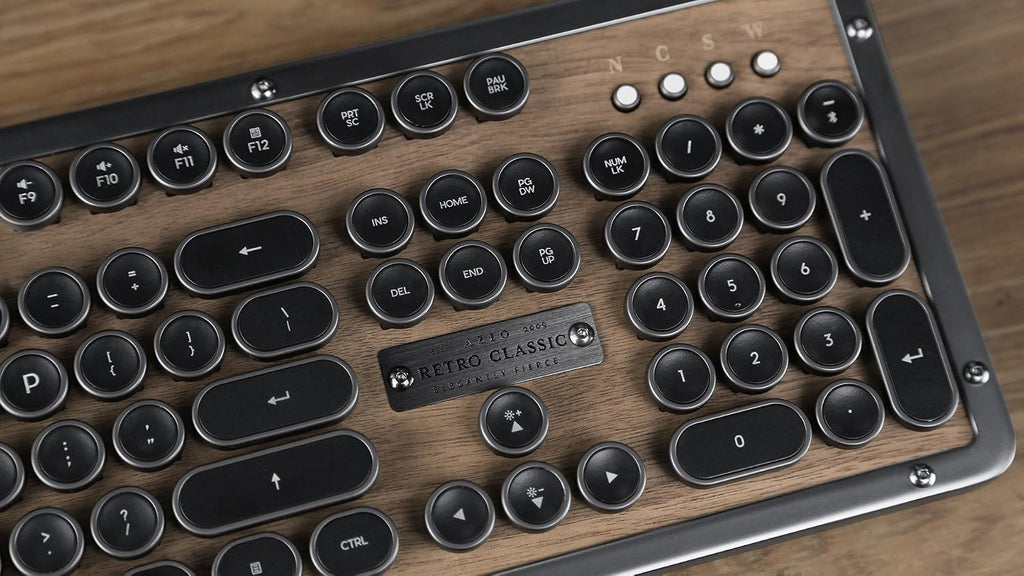 Azio Retro Classic Bluetooth Elwood - Bluetooth Luxury Vintage Backlit Mechanical Keyboard (Blue Switch, Walnut Wood, Gunmetal Matte Frame)(MK-RETRO-W-BT-01-US)
