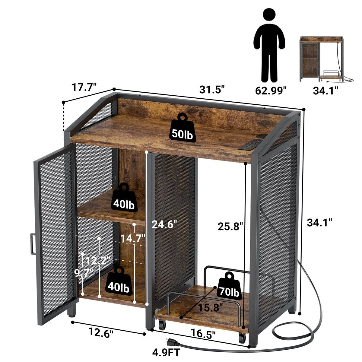 Unikito Large Printer Stand with Power Outlet and Storage Shelf, Black