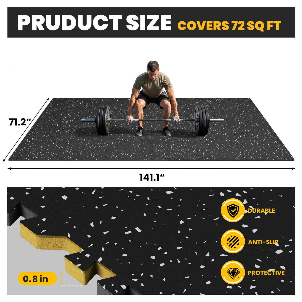 0.6" Thick Rubber Top Exercise Mat, Interlocking Puzzle Gym Flooring Mat