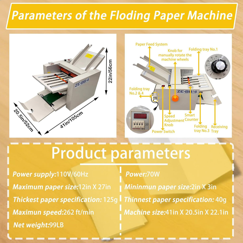 Automatic Paper Folding Machine 110V Commercial Desktop Paper Folder Cross Fold & Stepless Speed Control with Digital Sheet Counter Rubber Feed Roller for Business Letters Manuals Documents