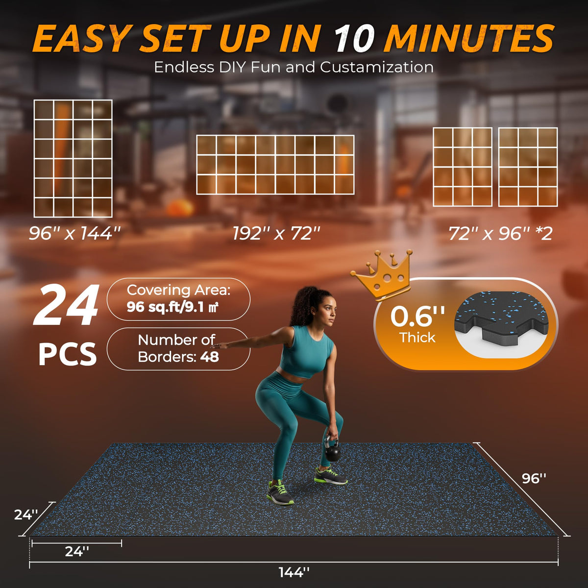 PRAISUN 0.6" Thicker Rubber Top 48 Sq Ft Gym Flooring for Home Gym