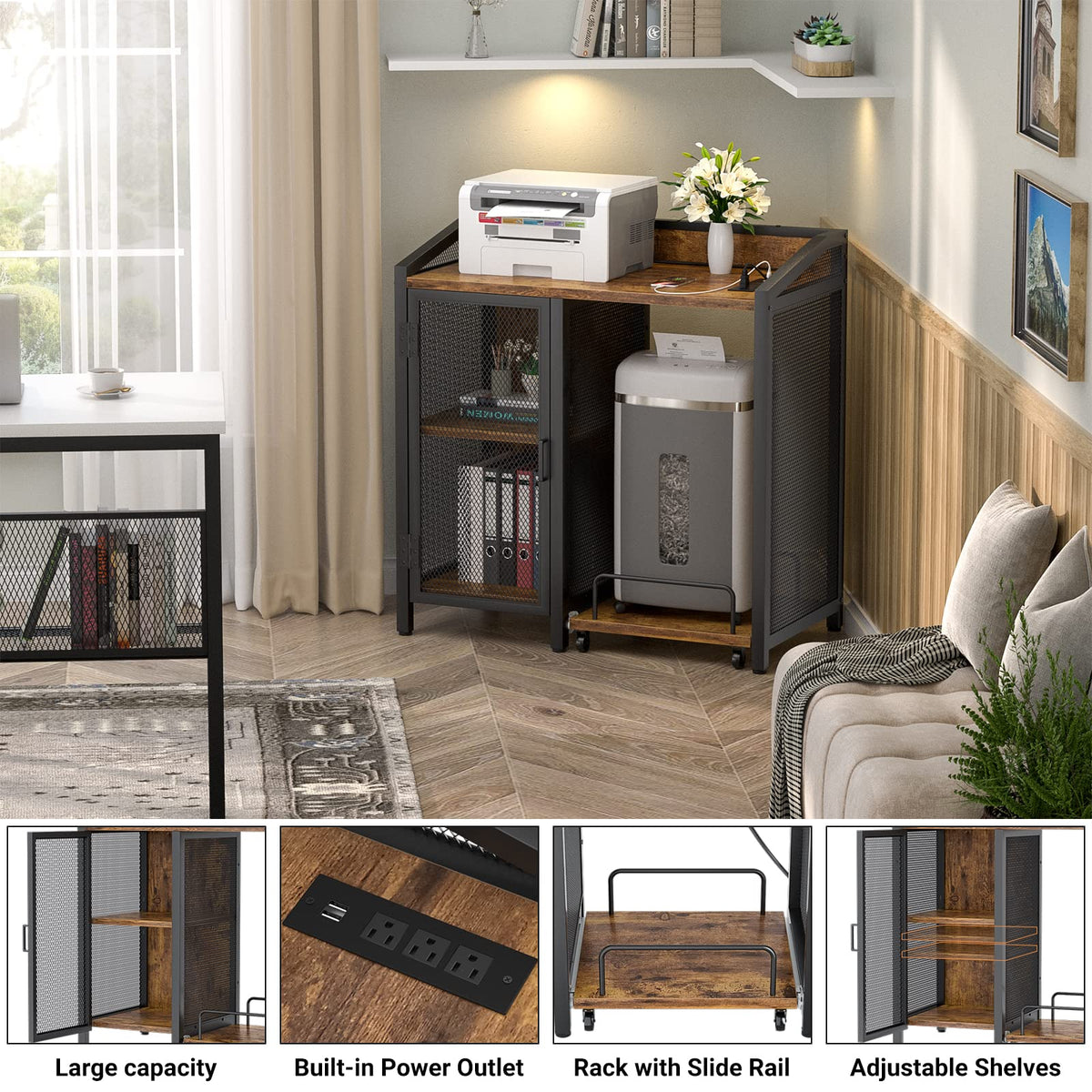 Unikito Large Printer Stand with Power Outlet and Storage Shelf, Black