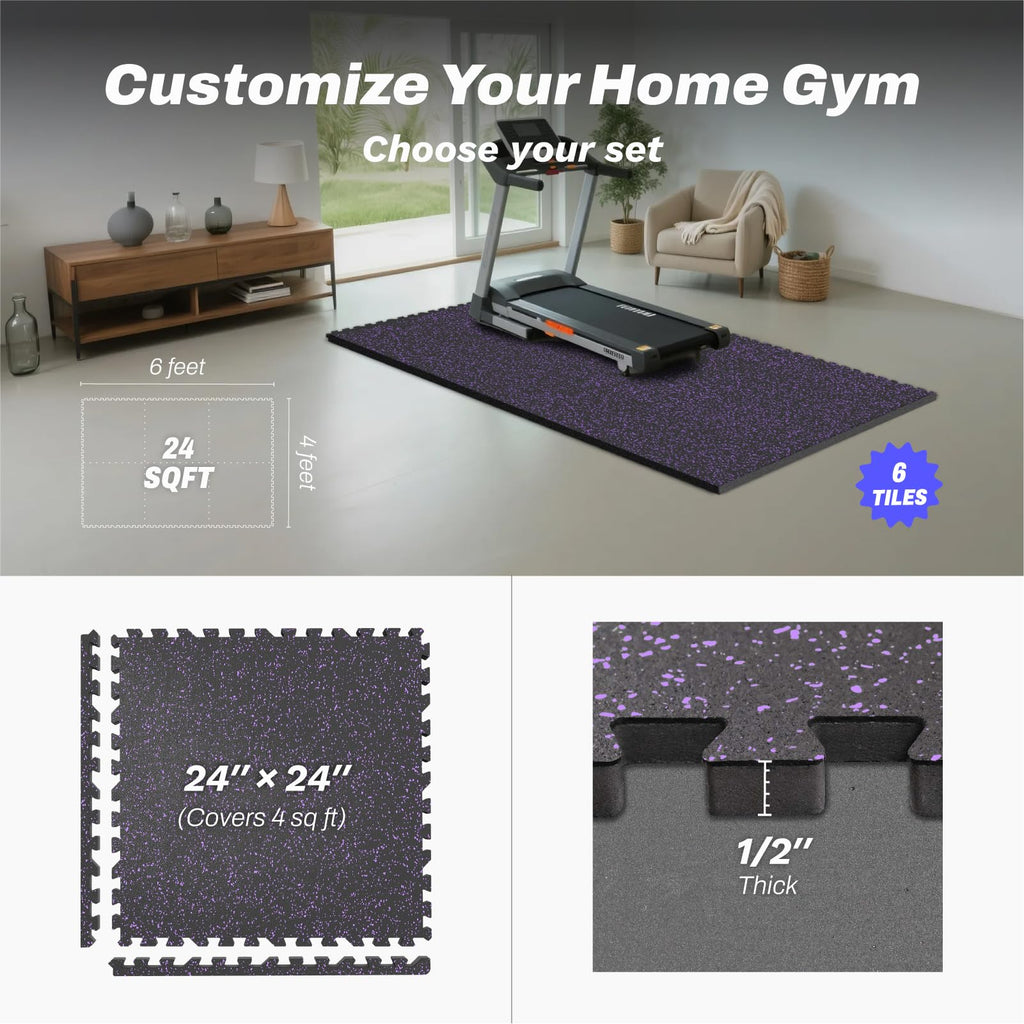 AIRHOP 1/2" Thick 48 Sq Ft Gym Flooring for Home Gym, Rubber Top Gym Mats