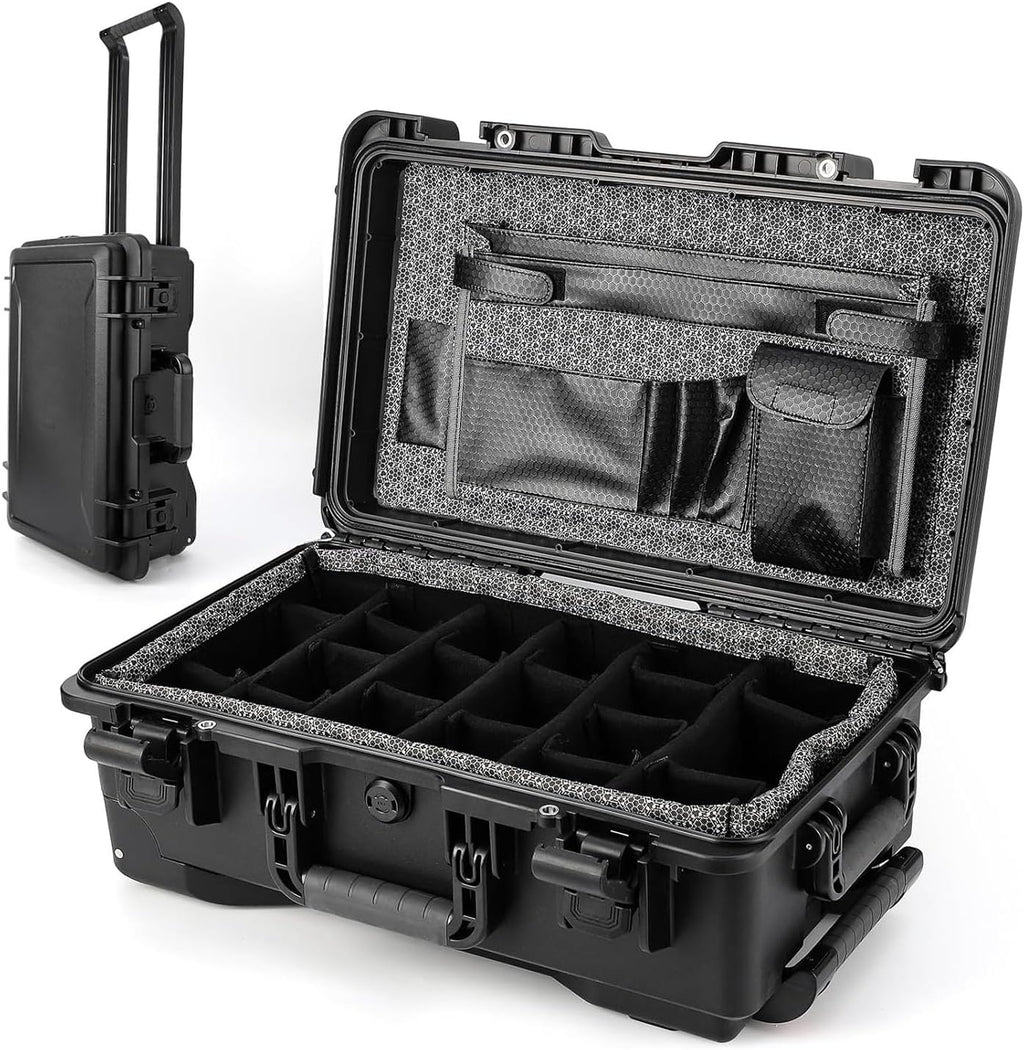 Heavy Duty Waterproof Camera Case for Diving and Outdoor Water Sports â Dustproof, Impact Resistant Dry Box with Padded Dividers, Wheels, 22â x 14â x 9â â Includes Document Bag & Camera Insert