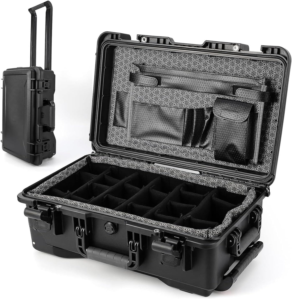 Heavy Duty Waterproof Camera Case for Diving and Outdoor Water Sports â Dustproof, Impact Resistant Dry Box with Padded Dividers, Wheels, 22â x 14â x 9â â Includes Document Bag & Camera Insert