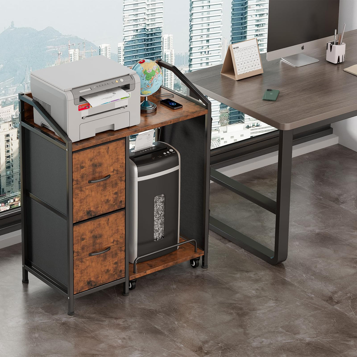 Printer Stand with Storage, Lateral Office Filing Cabinets with Power outlets & USB Charging Port, File Cabinet with Large Printer Stands for Home Office, Shredder Stand Rack (Black)