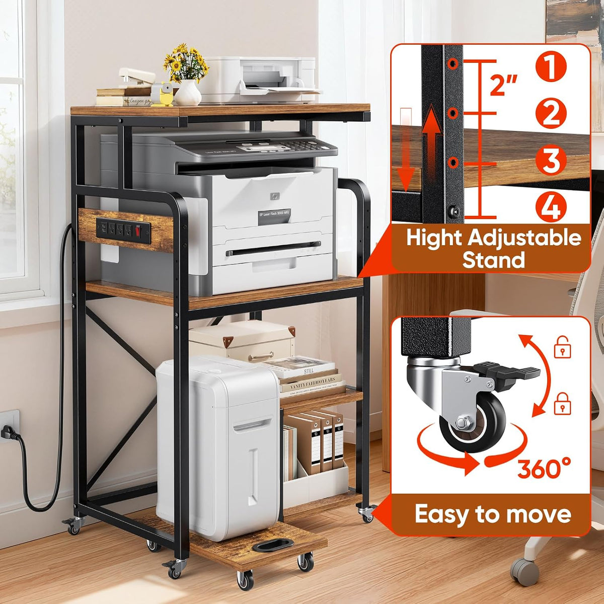 POKIPO 4 Tier Large Printer Stand Table with Power Outlet Adjustable Shelf