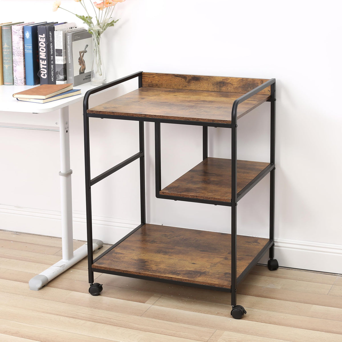 3-Tier Rolling Printer Cart Table Stand Shelves, PC Tower Stand Shelf With Wheels - Under Desk Shelf Unit Storage And Organization, End Sofa Table For Home, Office (White Gold)