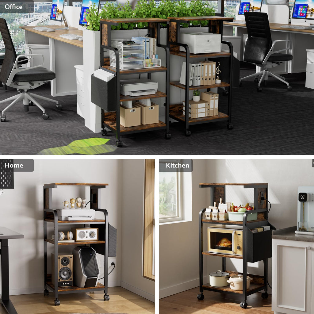 Tall Printer Stand with Charging Station, 4-Tier Mobile Cart, White