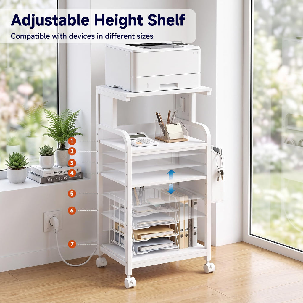 Tall Printer Stand with Charging Station, 4-Tier Mobile Cart, White