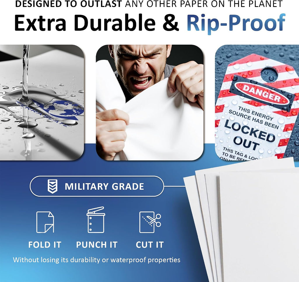 TerraSlate Premium Waterproof Paper, 5 Mil 8.5â x 11â, Laser Printer & Copy Machine Compatible, Durable & Rain/Weather-Proof Copy Paper, White Paper (100 Sheets)