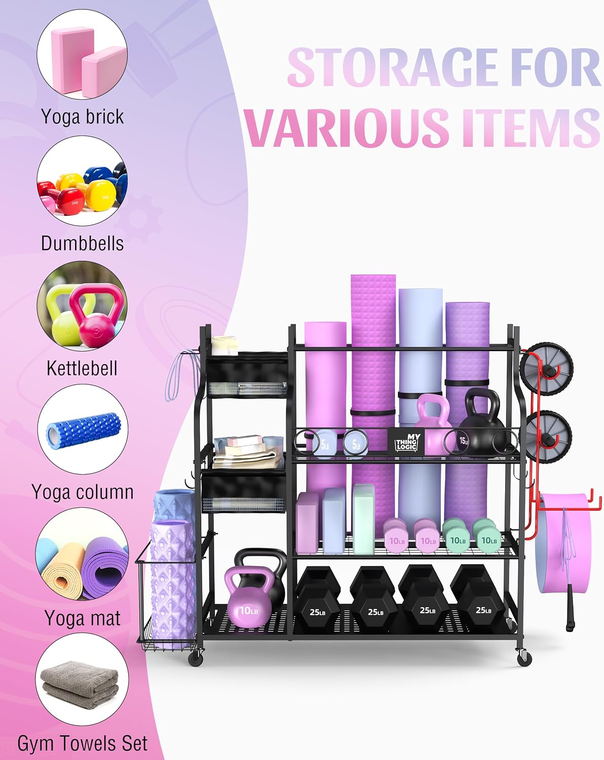 Mythinglogic Home Gym Storage Rack with Wheels for Dumbbells and Yoga Mats