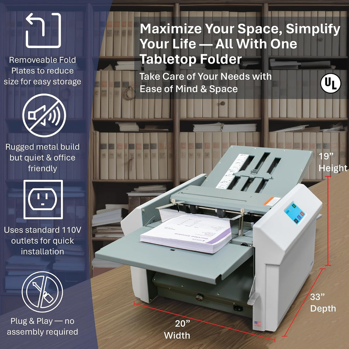Formax FD 346 Touchscreen Desktop Office Folder with Color Touchscreen Graphics-Based, Telescoping Output Stacker, Up to 15500/h Speed, Folds Up to 12" x 18", and Adjustable Stacker Wheels
