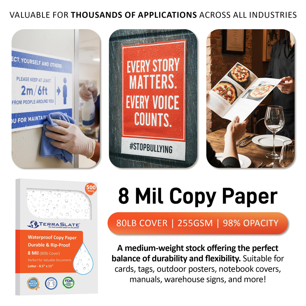 TerraSlate Premium Waterproof Printer Paper, 8 Mil 8.5 x 11 Inches, Durable & Heavy-duty paper (1000 Sheets)