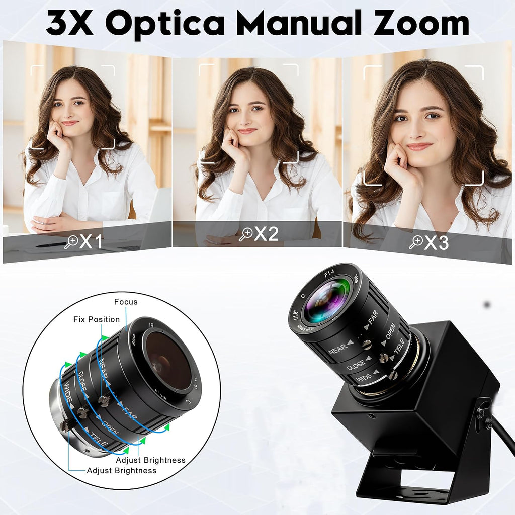 48MP 8K Ultra HD USB Camera, 3.6-10mm 3X Manual Zoom Lens, Plug and Play Close-up Webcam for Lightburn, Laser Engraver, Document Scanning & Face Recognition