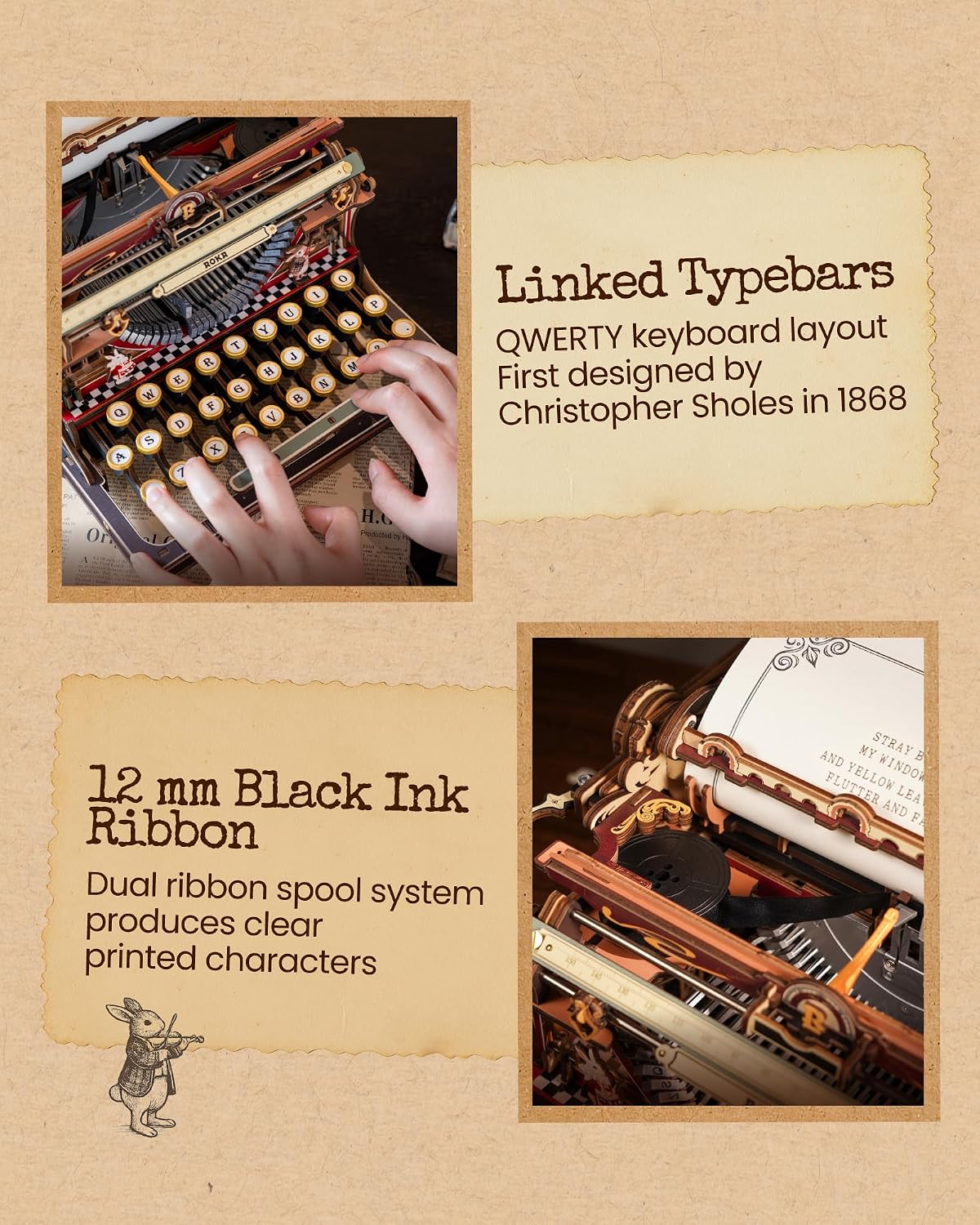 ROKR Typewriter 3D Wooden Puzzles for Adults Building Model (Magic Red)