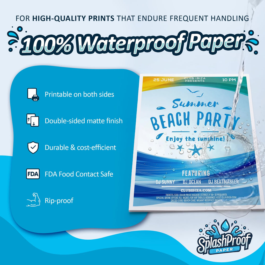 Printer Paper - 8.5" x 11", 5 Mil Waterproof Paper, Laser Printer & Copy Machine Compatible (8.5" x 11" - Letter, 500 Sheets)
