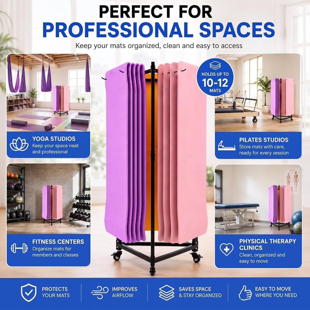 Tallew Yoga Mat Storage Rack with Wheels for Gyms, Studios, 3-Sided